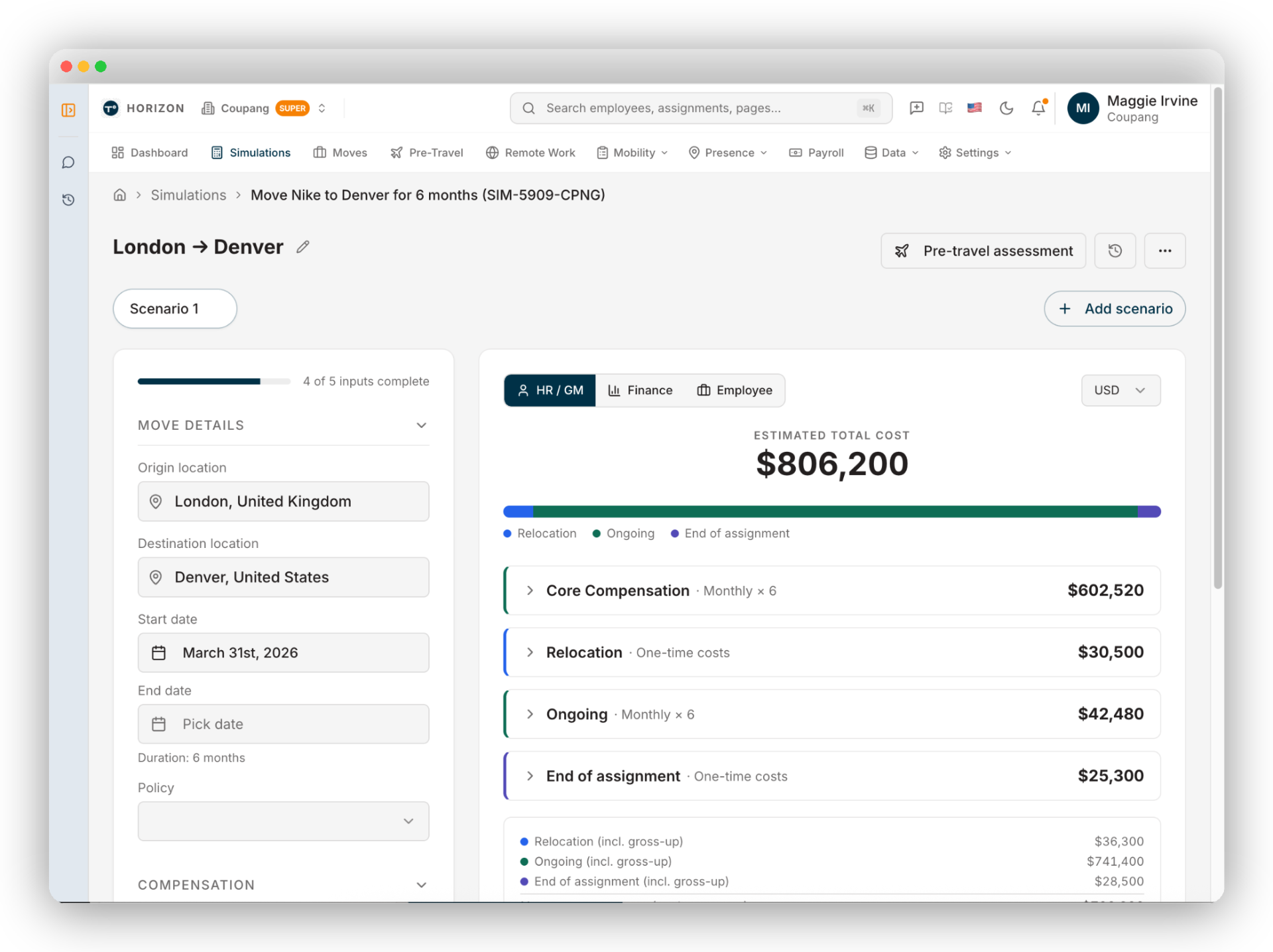 Global mobility software dashboard showing assignment cost scenarios