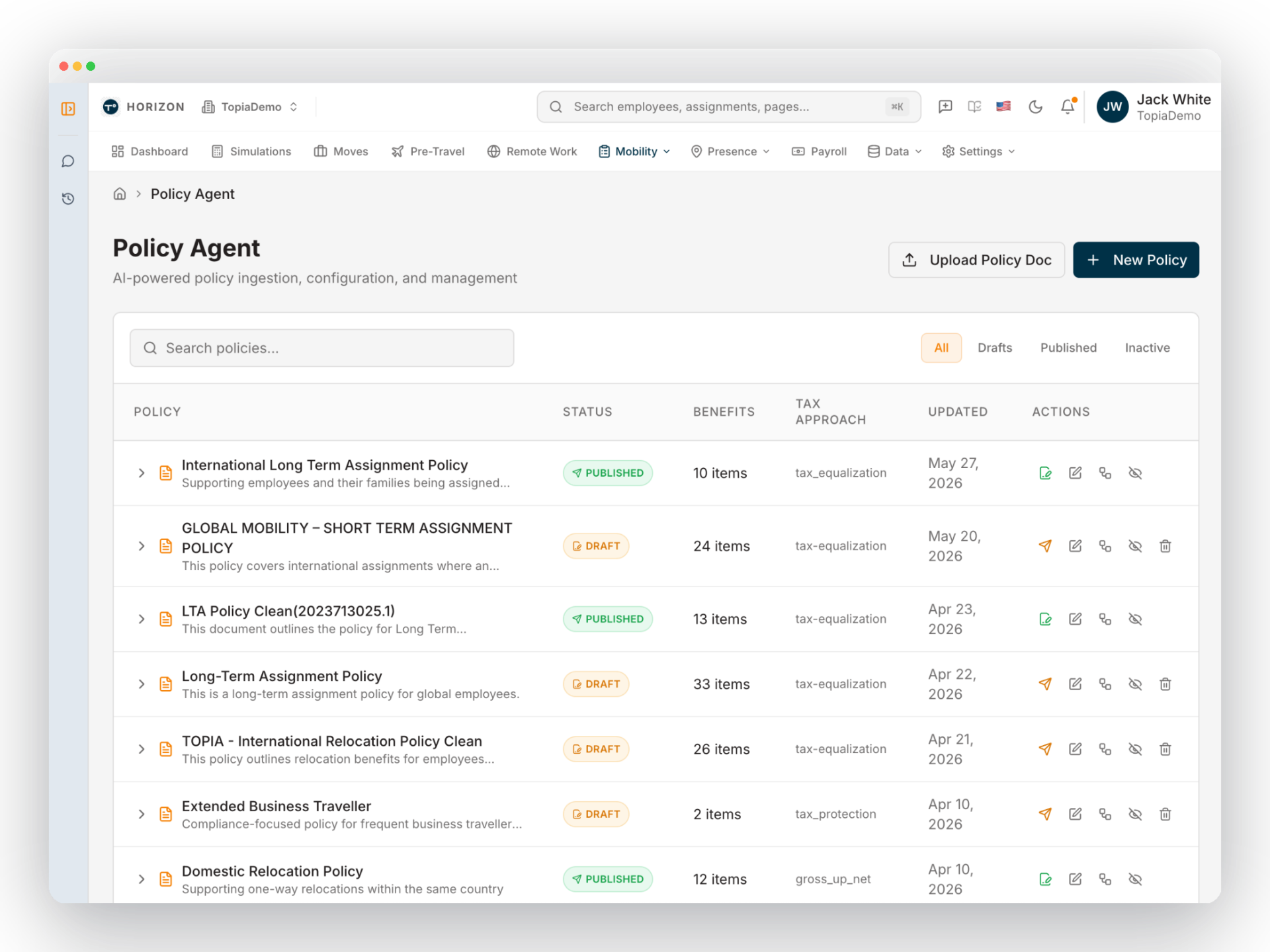 Policy Agent list of mobility policies with status, benefits, and tax approach