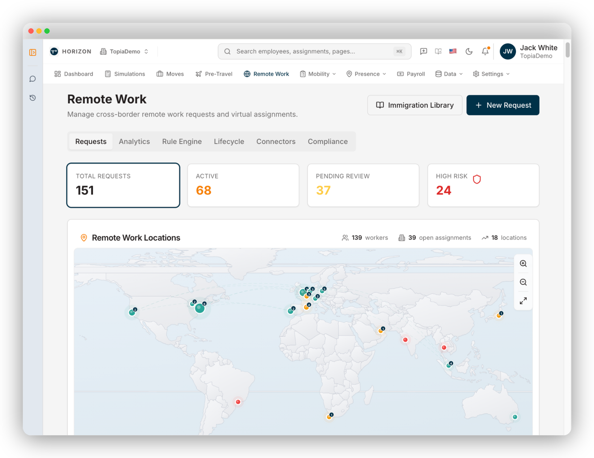 Remote Work Management dashboard with worldwide remote work locations map