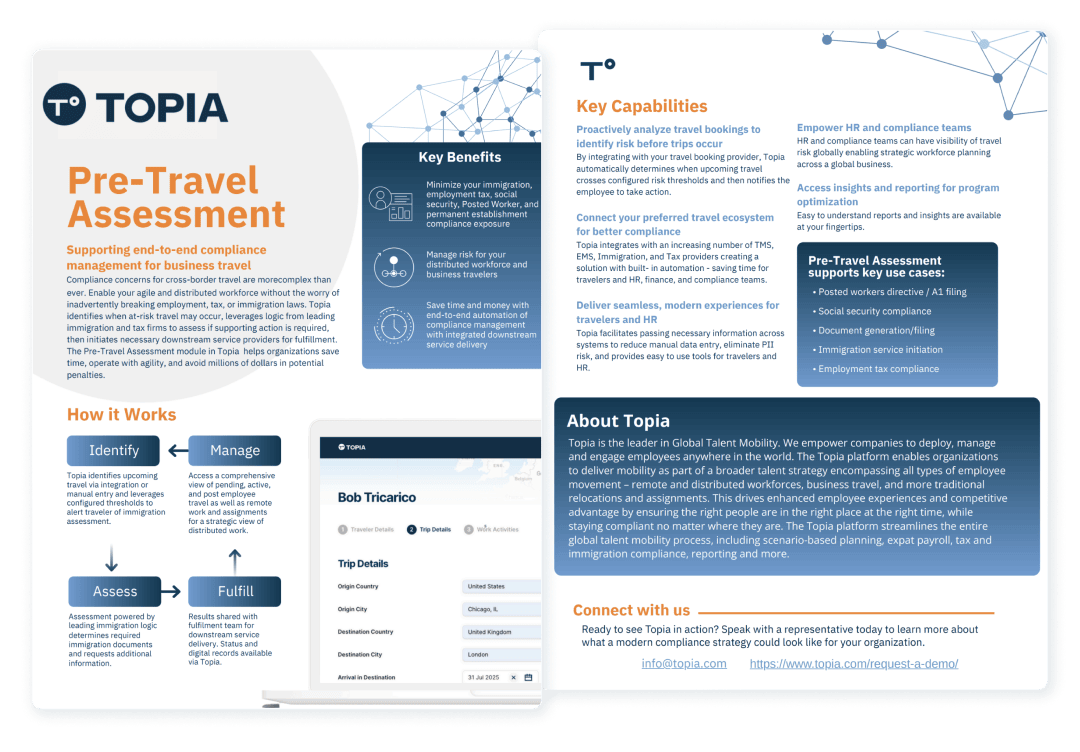An overview of Topia's pre-travel assessment, detailing necessary health precautions for upcoming trips.