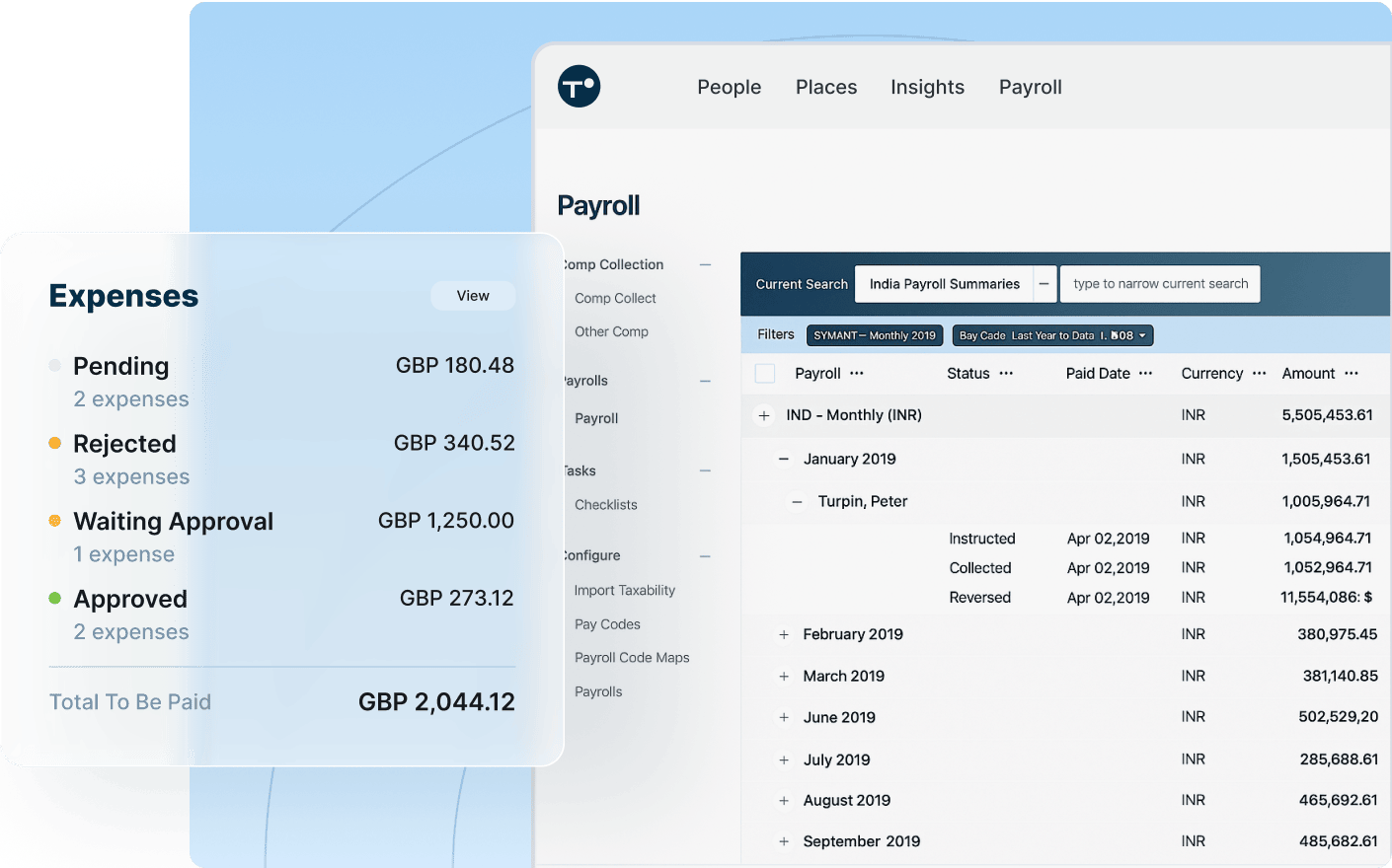 A payroll software interface designed for small businesses, showcasing features for managing employee payments and records.