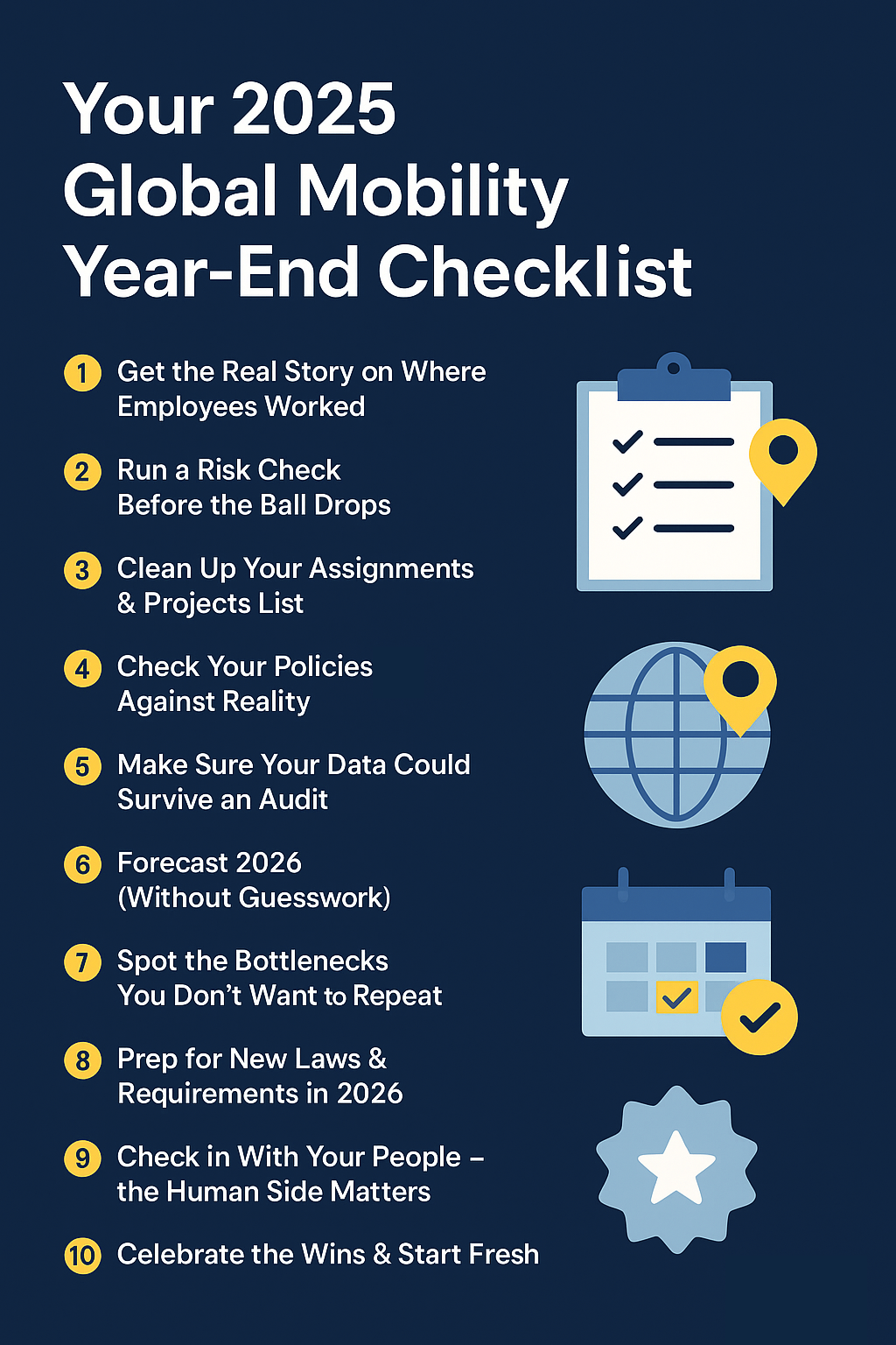 Your 2025 Global Mobility Year-End Checklist infographic showing 10 steps: Get the real story on where employees worked, run a risk check, clean up assignments, check policies, ensure audit-ready data, forecast 2026, spot bottlenecks, prep for new laws, check in with people, and celebrate wins